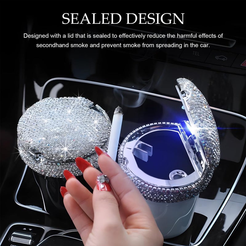 MUQIDA Car Ashtray with Lid, Bling Portable Ash Tray Cup Holder with LED Light Indicator, Sparkle Cigarette Smokeless Cylinder Ash Holder for Vehicle Home Office, Car Accessories (Black) - Image 3
